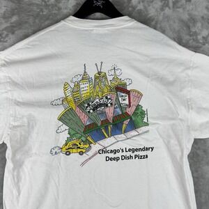 Vintage Chicago Deep Dish Pizza Skyline Double Sided Graphic T-Shirt Mens XL Y2K